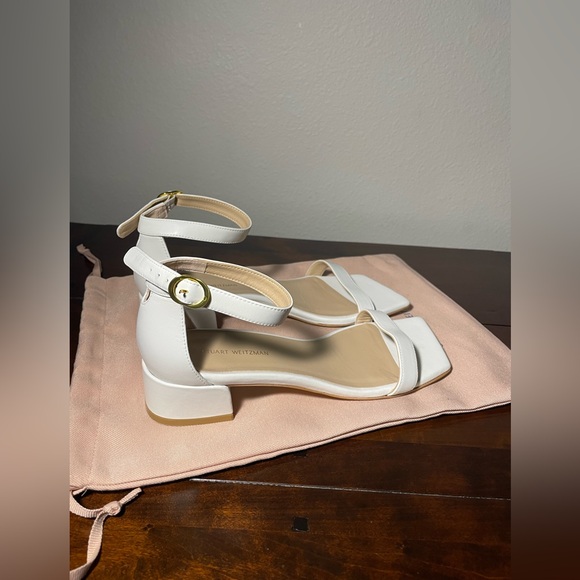 Stuart Weitzman "Nudistjune" White Leather Sandals with Square-toe, & Block Heel - Picture 5 of 10
